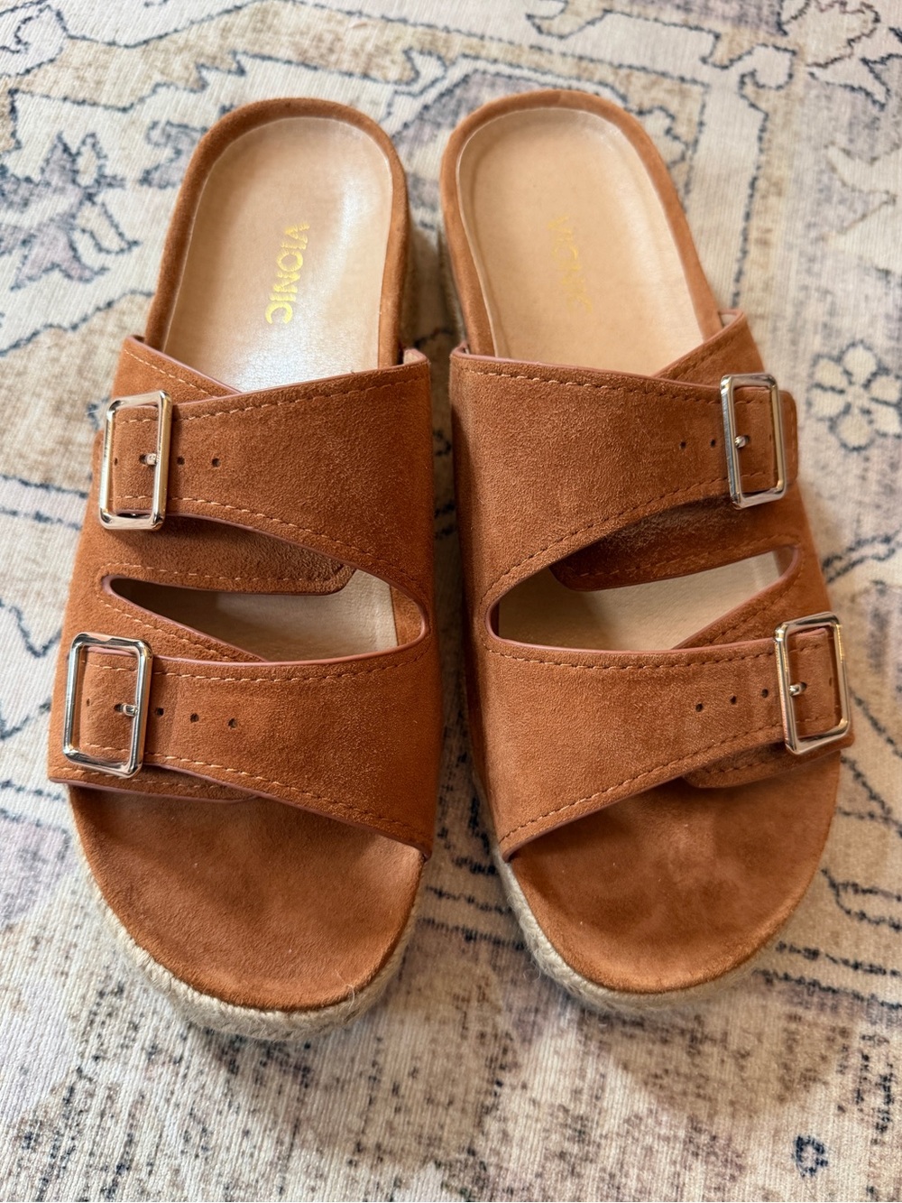 Vionic Brown Suede Double Buckle Espadrille Slide Sandals Size US 10 / EU 42